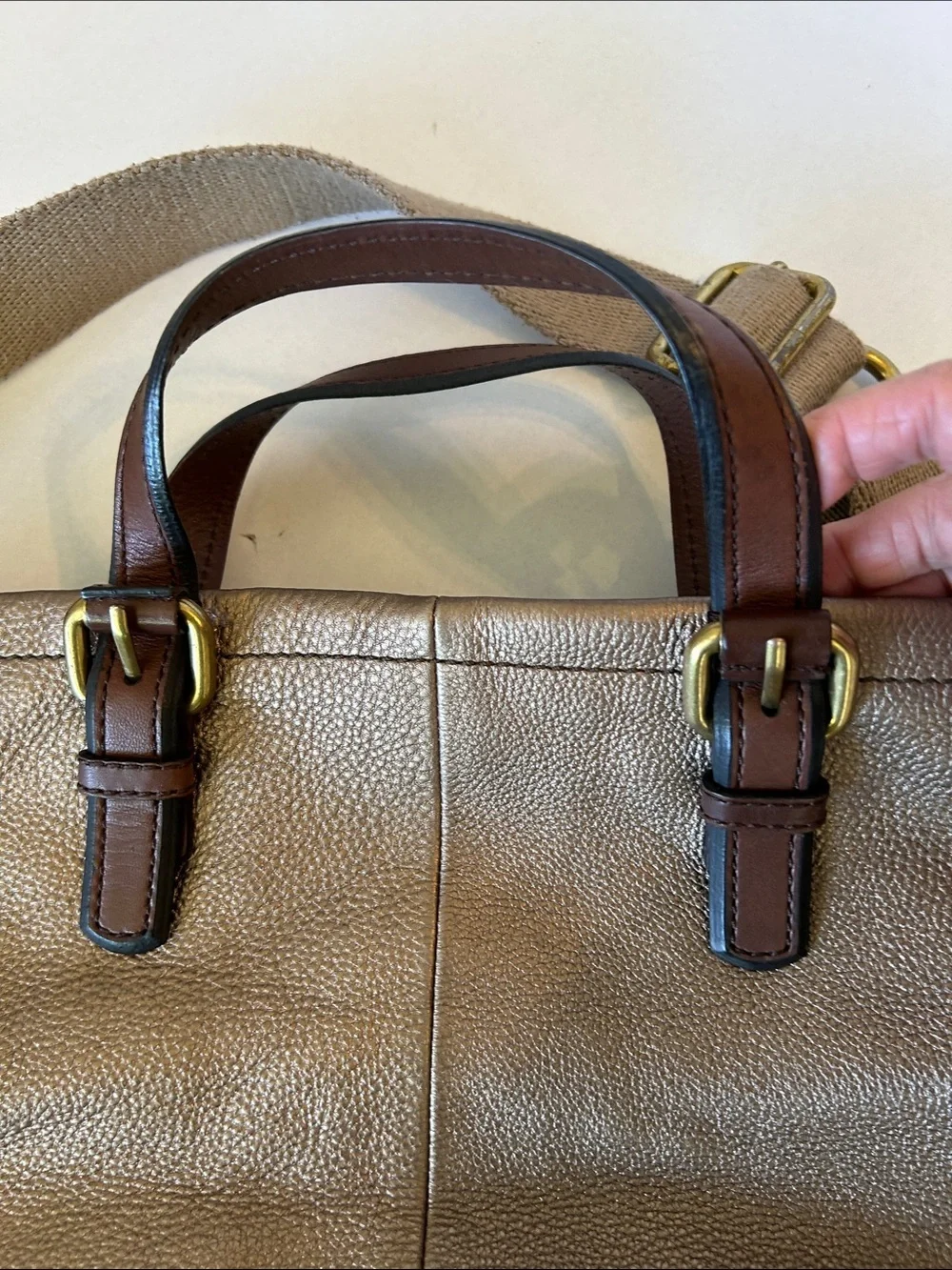 FOSSIL  LARGE  LEATHER BRONZE FOLDOVER TOTE CROSSBODY HOBO BAG